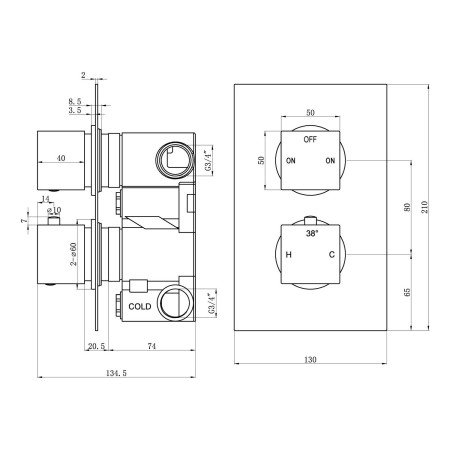AJAX111574 Ajax Hedon Brushed Bronze Thermostatic Two Outlet Twin Concealed Shower Valve Line Drawing