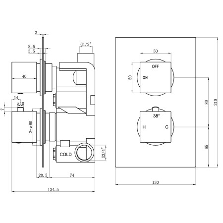 AJAX111573 Ajax Hedon Brushed Bronze Thermostatic Single Outlet Twin Concealed Shower Valve Line Drawing