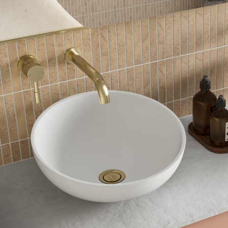 AJAX116017 Ajax Horkstow 380mm White Countertop Basin with a Wall Mounted Brushed Brass Tap