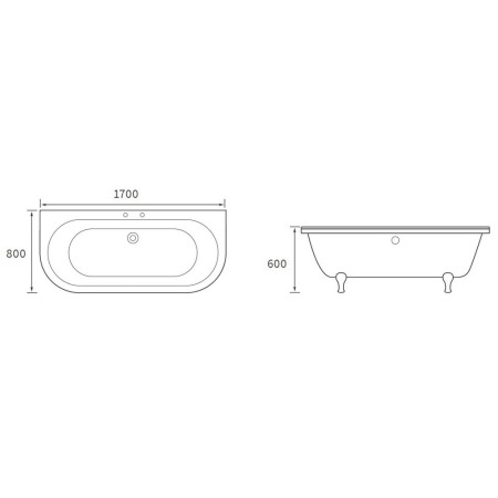 AJAX102813 Ajax Hykeham 1700 x 800mm Back to Wall Freestanding Bath Line Drawing
