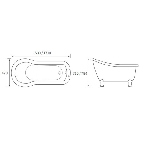 AJAX102811 Ajax Ingham 1530 x 670mm Slipper Freestanding Bath Line Drawing