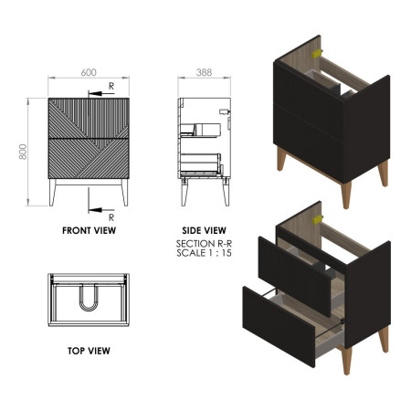 AJAX108498 Ajax Irby Matt Graphite Grey 615mm Floor Standing Vanity Unit with Basin Dimensions