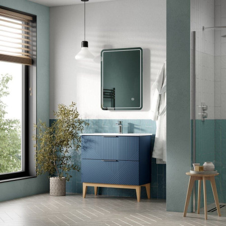AJAX108499 Ajax Irby Matt Smoke Blue 815mm Floor Standing Vanity Unit with Basin Lifestyle