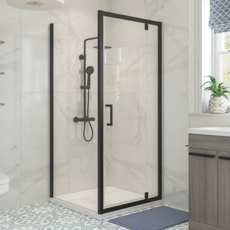 AJAX116195 Ajax Keah 6mm Black 900mm Pivot Shower Door with a Side Panel