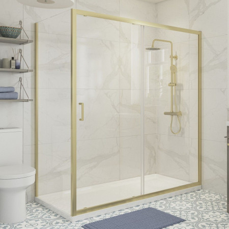 AJAX116180 Ajax Keah 6mm Brushed Brass 1700mm Sliding Shower Door with a Side Panel