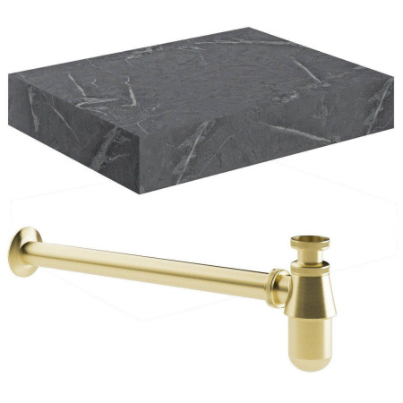 Ajax Kelsey Wall Hung 600mm Grey Marble Basin Shelf and Brushed Brass Bottle Trap