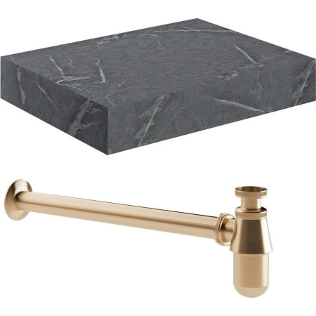 Ajax Kelsey Wall Hung 600mm Grey Marble Basin Shelf and Brushed Bronze Bottle Trap
