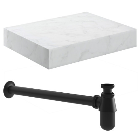 Ajax Kelsey Wall Hung 600mm White Marble Basin Shelf and Black Bottle Trap