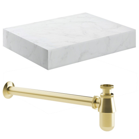 Ajax Kelsey Wall Hung 600mm White Marble Basin Shelf and Brushed Brass Bottle Trap