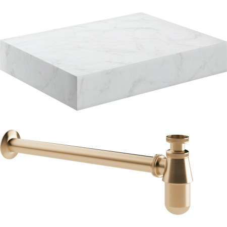 Ajax Kelsey Wall Hung 600mm White Marble Basin Shelf and Brushed Bronze Bottle Trap