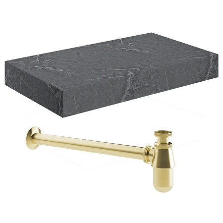 Ajax Kelsey Wall Hung 800mm Grey Marble Basin Shelf and Brushed Brass Bottle Trap