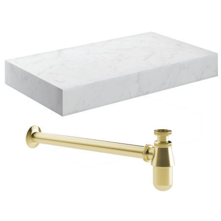 Ajax Kelsey Wall Hung 800mm White Marble Basin Shelf and Brushed Brass Bottle Trap