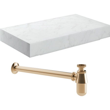 Ajax Kelsey Wall Hung 800mm White Marble Basin Shelf and Brushed Bronze Bottle Trap
