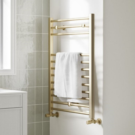 AJAX108790 Ajax Kenwick Brushed Brass 800 x 500mm Straight Towel Warmer Lifestyle