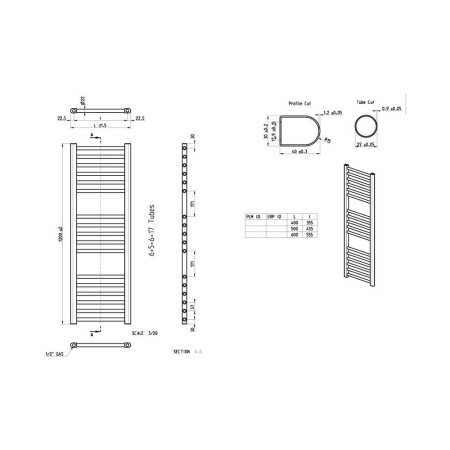 AJAX104982 Ajax Kenwick 1200 x 600mm Straight Towel Warmer Line Drawing