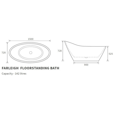 AJAX104116 Ajax Kyme 1500 x 720mm Freestanding Bath Line Drawing