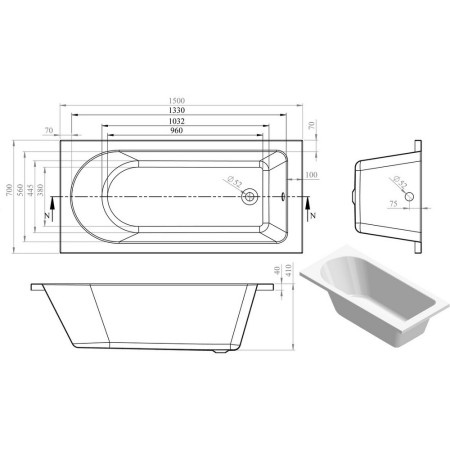 AJAX105628 Ajax Langton 1500 x 700mm Single Ended Bath Internal Measurements