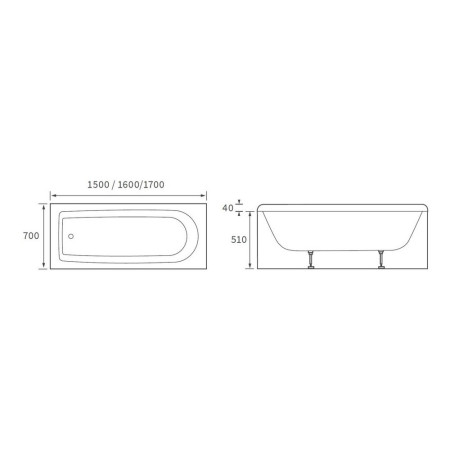 AJAX105635 Ajax Langton 1500 x 700mm Single Ended Supercast Bath Line Drawing