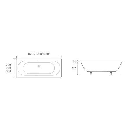 AJAX105644 Ajax Langton 1700 x 750mm Double Ended Bath Line Drawing