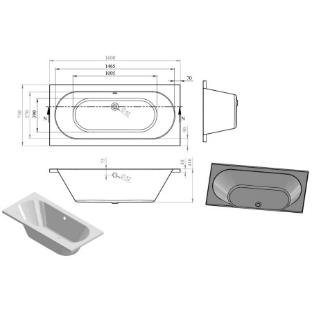 AJAX105642 Ajax Langton 1600 x 750mm Double Ended Bath Internal Measurements