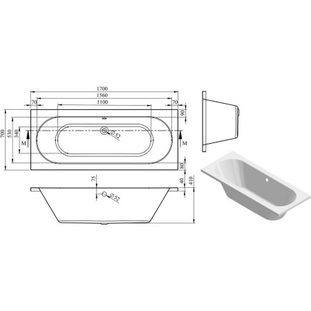 AJAX105643 Ajax Langton 1700 x 700mm Double Ended Bath Internal Measurements