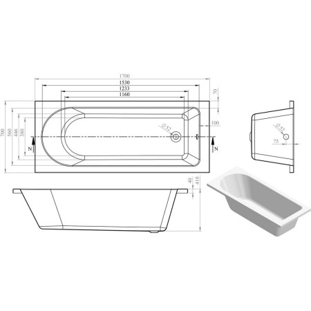 AJAX105637 Ajax Langton 1700 x 700mm Single Ended Supercast Bath Internal Measurements