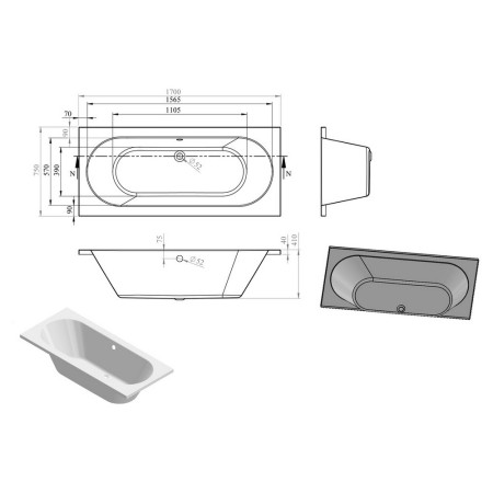 AJAX105648 Ajax Langton 1700 x 750mm Double Ended Supercast Bath Internal Measurements