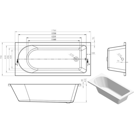 AJAX105638 Ajax Langton 1700 x 750mm Single Ended Supercast Bath Internal Measurements