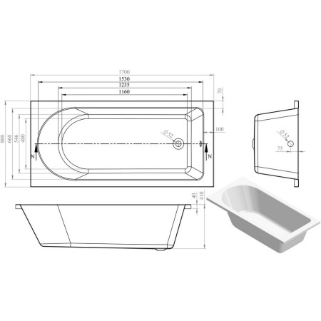 AJAX105632 Ajax Langton 1700 x 800mm Single Ended Bath Internal Measurements