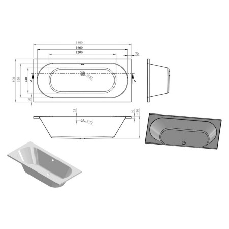 AJAX105649 Ajax Langton 1800 x 800mm Double Ended Supercast Bath Internal Measurements