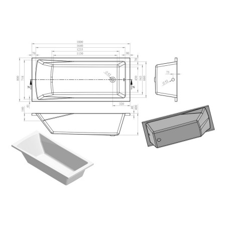 AJAX105633 Ajax Langton 1800 x 800mm Single Ended Bath Internal Measurements