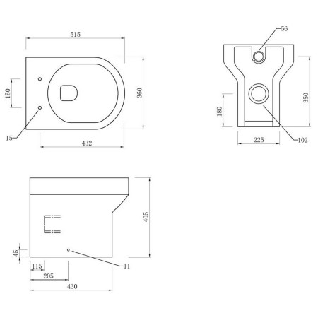 AJAX117073 Ajax Limber Rimless Back to Wall WC with Soft Close Seat Line Drawing