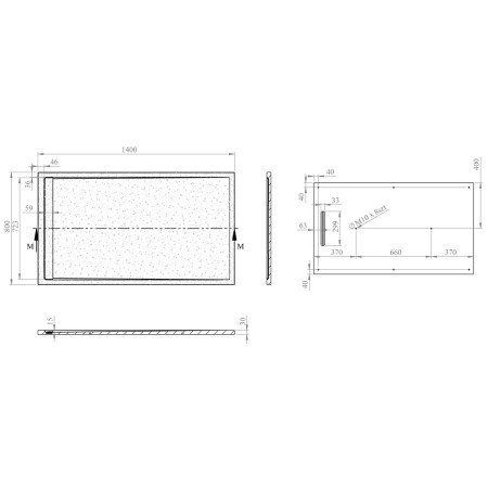 AJAX111457 Ajax Linear Slate 1400 x 800mm Rectangular Shower Tray in Black Line Drawing