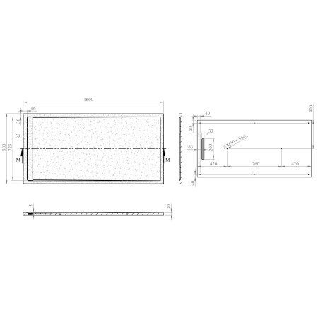 AJAX111446 Ajax Linear Slate 1600 x 800mm Rectangular Shower Tray in White Line Drawing