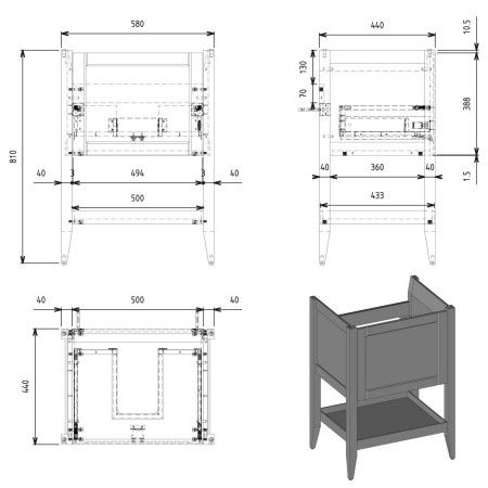 AJAX116033 Ajax Linwood 650mm Floor Standing Matt Misty Blue Vanity Unit with Basin Unit Dimensions