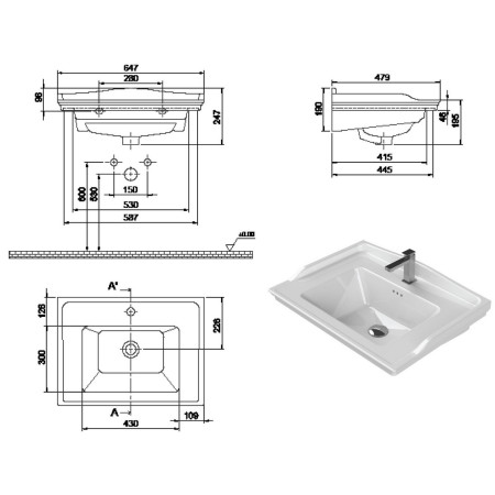 AJAX116032 Ajax Linwood 650mm Floor Standing Matt Anthracite Vanity Unit with Basin Dimensions