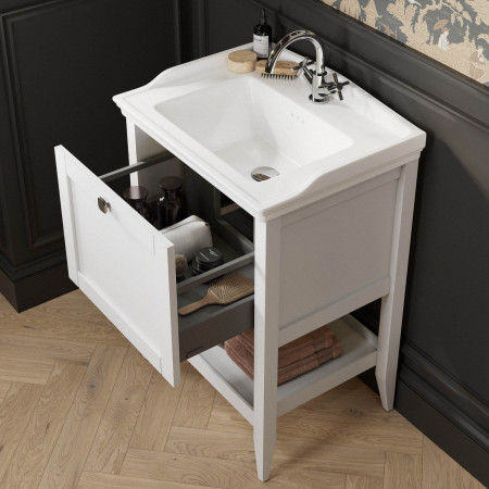 AJAX116034 Ajax Linwood 650mm Floor Standing Matt White Vanity Unit with Basin with Chrome Tap and Handle