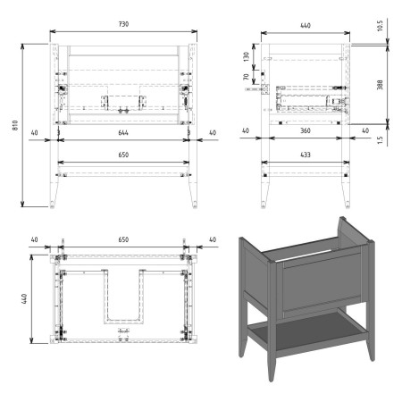 AJAX116035 Ajax Linwood 800mm Floor Standing Matt Anthracite Vanity Unit with Basin Unit Dimensions