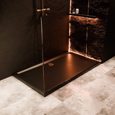 AJAX111435 Ajax Low Profile 1000 x 800mm Matt Black Rectangular Shower Tray Lifestyle