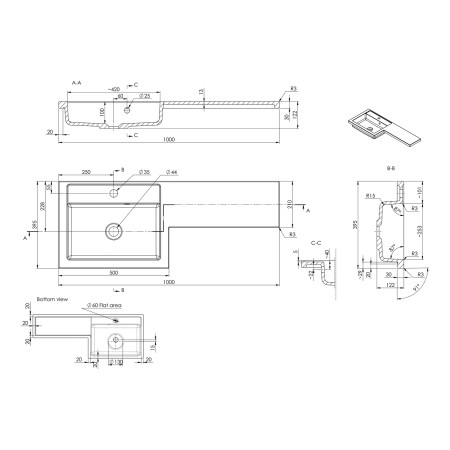 AJAX111684 Ajax Manby 1000mm Left Hand Oak Combination Unit with Basin Line Drawing
