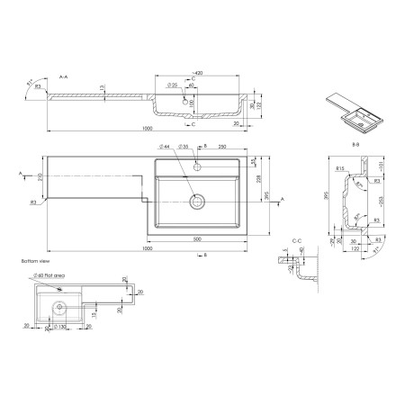 AJAX111679 Ajax Manby 1000mm Right Hand Gloss Grey Combination Unit with Basin Line Drawing