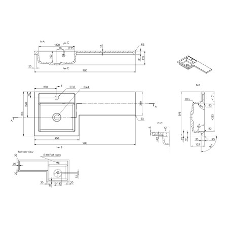 AJAX111687 Ajax Manby 900mm Left Hand Gloss White Combination Unit with Basin Line Drawing