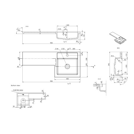 AJAX111694 Ajax Manby 900mm Right Hand Gloss Anthracite Combination Unit with Basin Line Drawing