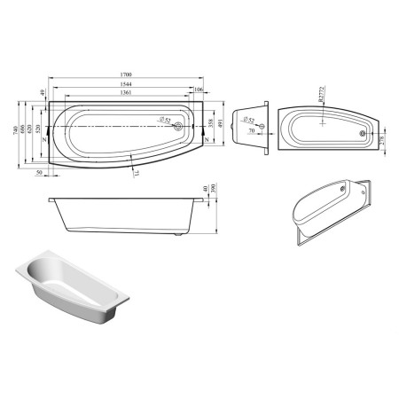 AJAX105659 Ajax Mumby 1700 x 740mm Single Ended Space Saving Left Handed Bath Line Drawing