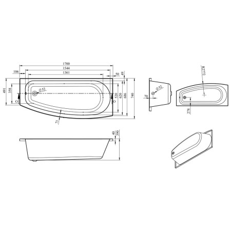 AJAX105660 Ajax Mumby 1700 x 740mm Single Ended Space Saving Right Handed Bath Line Drawing