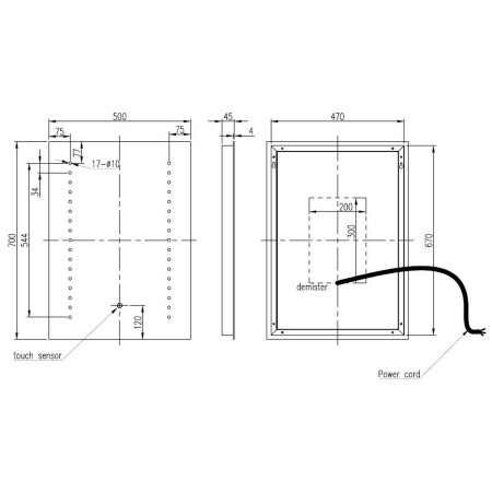 AJAX108106 Ajax Oakwood 700 x 500mm Rectangular Front Lit LED Bathroom Mirror Line Drawing