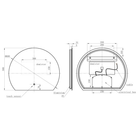 AJAX116292 Ajax Osprey 600 x 500mm Round Back Lit LED Bathroom Mirror Dimensions