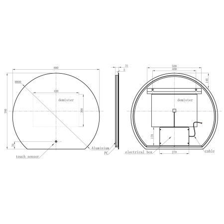 AJAX116293 Ajax Osprey 800 x 700mm Round Back Lit LED Bathroom Mirror Dimensions
