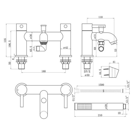 AJAX108991 Ajax Ouse Brushed Bronze Bath Shower Mixer Line Drawing