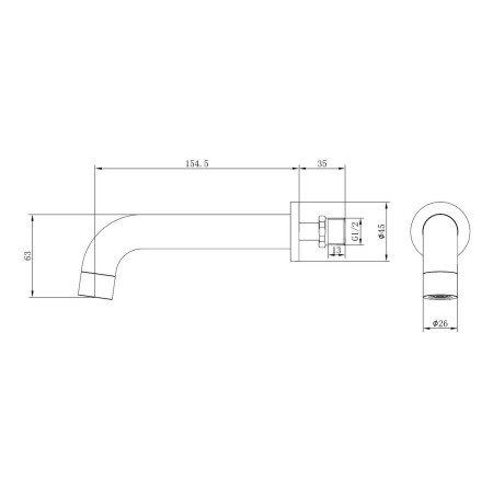 AJAX108988 Ajax Ouse Brushed Bronze Wall Mounted Basin Mixer with 155mm Spout Line Drawing